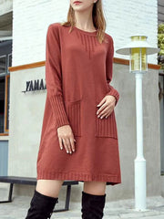 Crew Neck Double Pockets Solid Sweater Dress