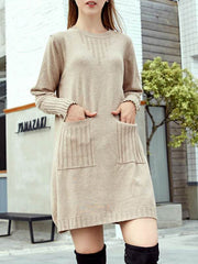 Crew Neck Double Pockets Solid Sweater Dress