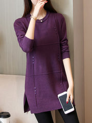Button Decor Side Slit Crew Neck Knitted Sweater