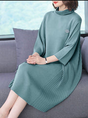 Pleated Turtle Neck 3/4 Sleeve Knitted Midi Dress