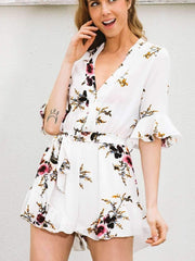 Sexy V neck Floral Falbala Jumpsuits