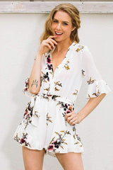 Sexy V neck Floral Falbala Jumpsuits