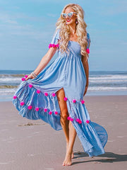 Bohemia Pompoms Knotted Bowknot Split-front Maxi Dress