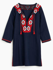 Navy Blue Embroidered Beach Cover-Ups
