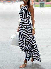 Asymmetric Striped Halterneck Maxi Dress