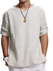 Men's Casual Cotton Linen Mid-sleeve Shirt