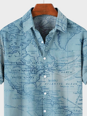 Mens Navigation Map Printed Casual Breathable Short Sleeve Shirts