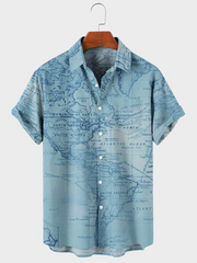 Mens Navigation Map Printed Casual Breathable Short Sleeve Shirts