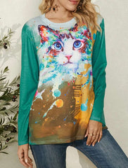 Casual Plangi Cat print Round neck Long sleeve T-Shirts