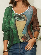 Women Abstract printing V neck Long sleeve T-Shirts