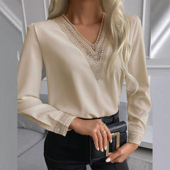 Women v neck lace long sleeve plain elegant blouses