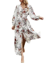 Fashion Casual Floral print V neck Long sleeve Lacing Skater Dresses