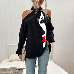 Fashion Irregular Vertical Strips Off Shoulder Long Sleeve Tops Blouses for Women