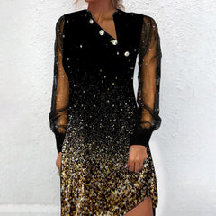 New button mesh splicing digital printing flower long-sleeved Shift Dresses