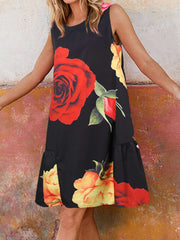 Casual Loose Floral print Round neck Sleeveless Shift Dresses
