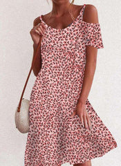Fashion Floral print Round neck Vest Off shoulder Short sleeve Shift Dresses