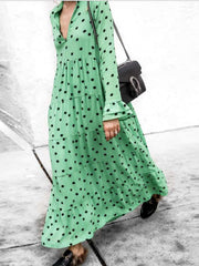 Casual Loose Point print V neck Long sleeve Big hem Maxi Dresses