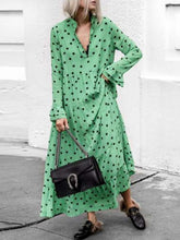Casual Loose Point print V neck Long sleeve Big hem Maxi Dresses