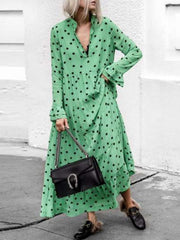 Casual Loose Point print V neck Long sleeve Big hem Maxi Dresses
