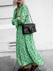 Casual Loose Point print V neck Long sleeve Big hem Maxi Dresses