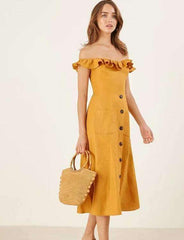 Off shoulder Falbala Single-breasted Maxi Dresses