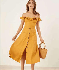 Off shoulder Falbala Single-breasted Maxi Dresses
