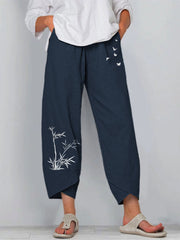 Elastic Waist Cotton Linen Loose bamboo printed Casual Pants