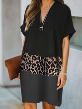 Casual Loose Leopard print Gored V neck Short sleeve Shift Dresses