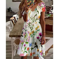Printed Chic women short sleeve petal collar Shift Dresses