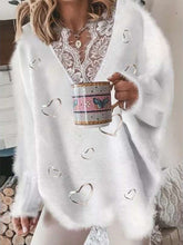 Casual Loose Lace Gored V neck Long sleeve Plush Sweaters