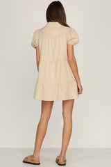 Casual Pure Lapel Short sleeve Shirt Shift Dresses