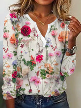 Printed v-neck long-sleeved t-shirts top