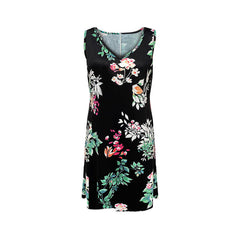V neck summer women printed floral sleeveless skater dresses