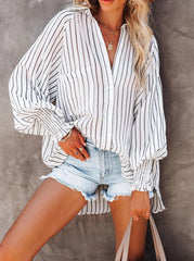 Woman Casual Mid Length Striped Shirt Turn down Down Blouses
