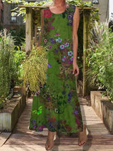 Casual fresh floral print round neck maxi dresses