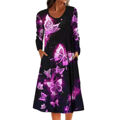 Women round neck butterfly printed long sleeve long dress maxi dresses