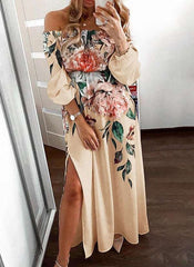 Casual Floral print One shoulder Long sleeve Vent Skater Dresses