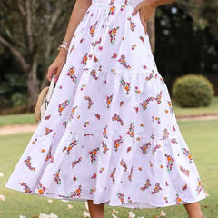 Fashion Floral pring V neck Sleeveless Falbala Skater Maxi Dresses