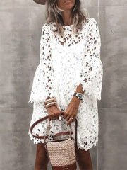 Casual Loose Pure Lace Hollow out Round neck Long sleeve Shift Dresses