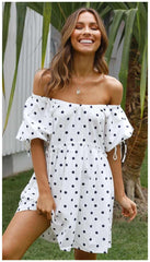 Casual Loose Point print One shoulder Short sleeve Shift Dresses