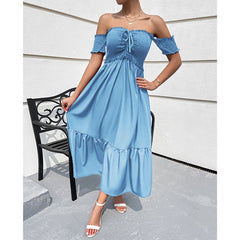 Elegant off shoulder high-waisted solid color party dress