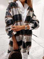 Casual Loose Plaid print Lapel Long sleeve Shirt Coats