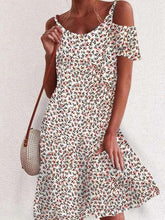 Fashion Floral print Round neck Vest Off shoulder Short sleeve Shift Dresses
