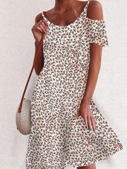 Fashion Floral print Round neck Vest Off shoulder Short sleeve Shift Dresses