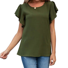 Casual Loose Pure Round neck Short sleeve Falbala Backless T-Shirts