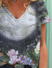 Casual Floral print V neck Short sleeve T-Shirts