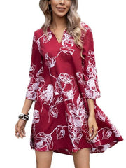 Casual Loose Floral print V neck Three quarter sleeve Shift Dresses