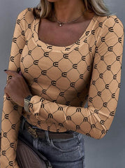 Fashion letter printed pullover U-neck long-sleeved T-shirts Long Sleeve Tops