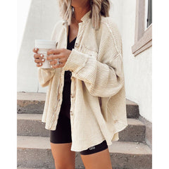 Waffle new casual women turn sown neck plain blouses coats