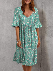 V neck women fashion printed short sleeve shift dresses